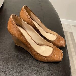 Authentic Prada Camel Leather Peep Toe Wedge Heel (37)